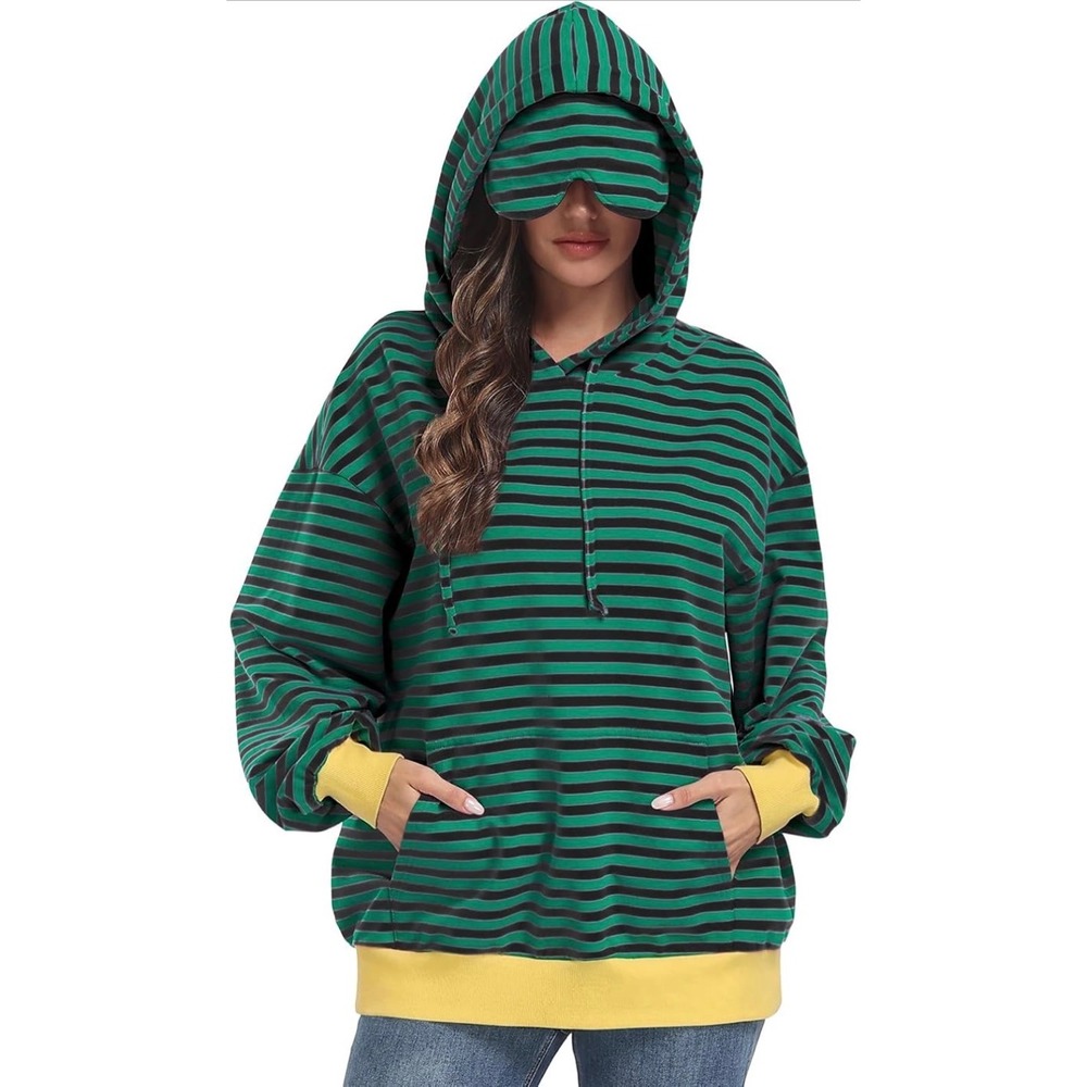 Sese Code Womens Oversized Striped Hoodie Green Blue Yellow Trim Size L NWT
